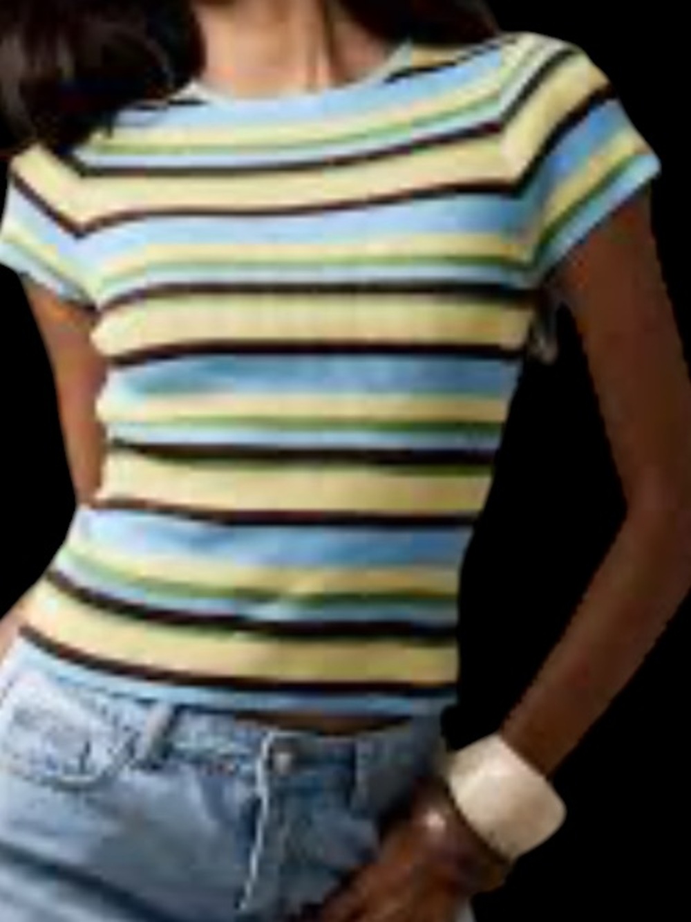 Ribbed Striped Crop Tee in Yellow/Blue/Green